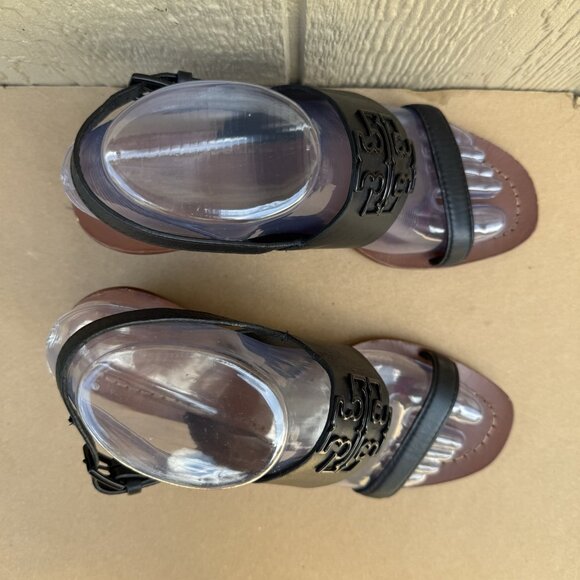 Tory Burch Lowell 2 Block Heel Sandals Shoes Women’s Size 7 Black Logo Leather - Picture 2 of 11